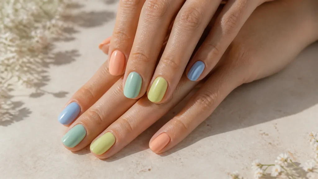 em pêssego, verde-menta, verde-acácia e azul-celeste