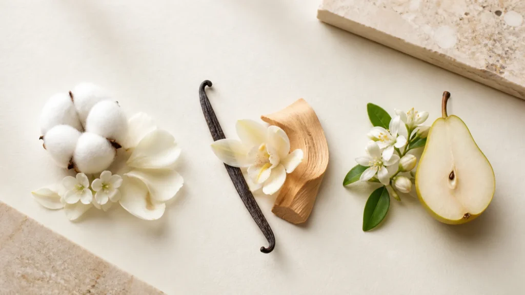 ingredientes que representam combinações para layering de perfume, com algodão, flores brancas, baunilha, madeira e pera
