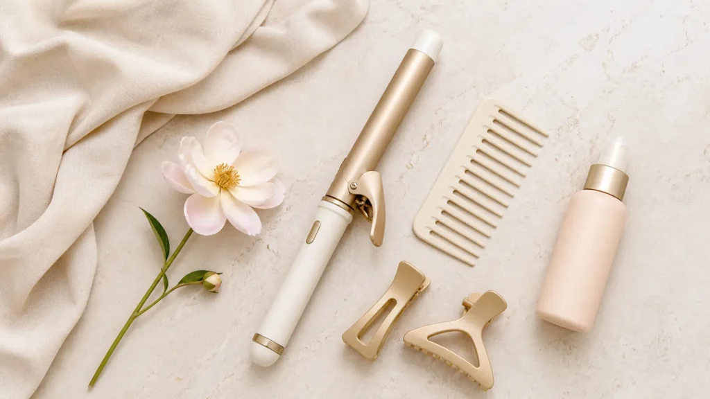 ferramentas para criar ondas românticas, com babyliss, pente largo, presilhas e protetor térmico