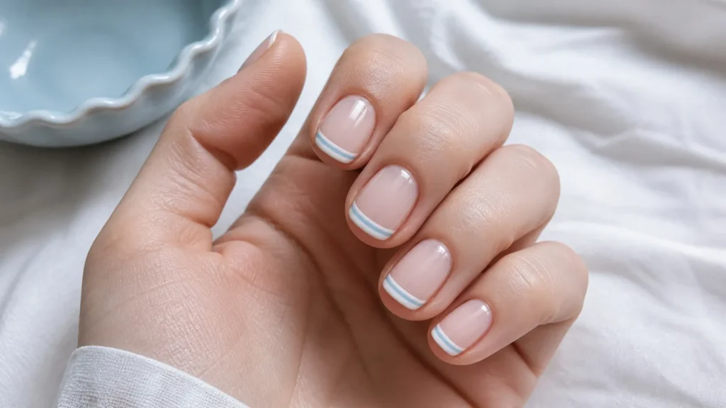 francesinha dupla azul-claro e branca em unhas curtas