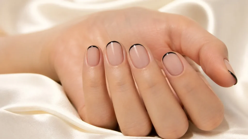 francesinha preta fina em unhas curtas com base nude