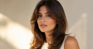 mulher com franja cortina longa e cabelo castanho em camadas com movimento