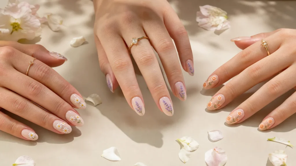 Unhas florais minimalistas: 25 ideias lindas para a primavera variações de unhas florais minimalistas em tons branco lavanda e pêssego