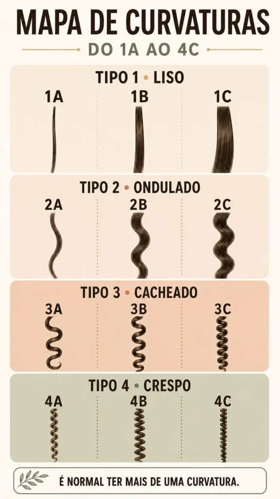 Tipos de cabelos: guia para identificar sua curvatura do 1A ao 4C Infográfico com tipos de cabelo do 1A ao 4C, agrupados em lisos, ondulados, cacheados e crespos.