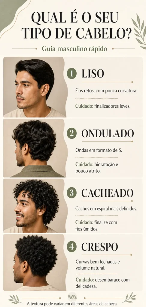 Infográfico com tipos de cabelo masculino liso, ondulado, cacheado e crespo, com características e cuidados rápidos.