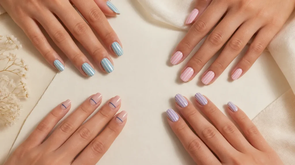 Unhas listradas delicadas: como usar a tendência preppy de um jeito elegante inspirações de unhas listradas delicadas em azul, rosa, nude e lavanda