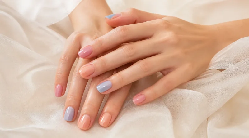 jelly nails em tons translúcidos de rosa, pêssego e azul com brilho delicado
