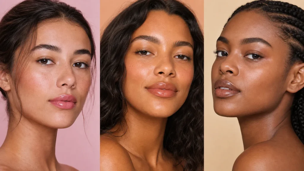 três variações de lábios glossy em rosa, pêssego e marrom translúcido