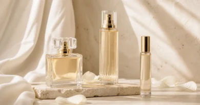 frascos de perfume sem marca e body mist em composição elegante sobre tecido claro