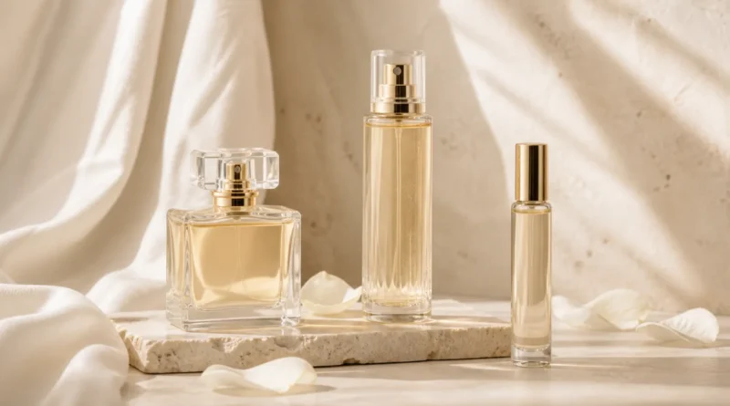 frascos de perfume sem marca e body mist em composição elegante sobre tecido claro