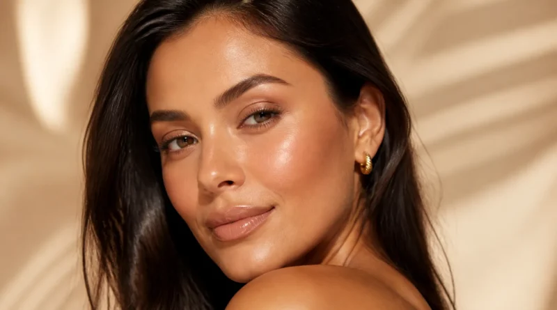 maquiagem bronze suave com pele iluminada, blush quente e olhos em tons dourados