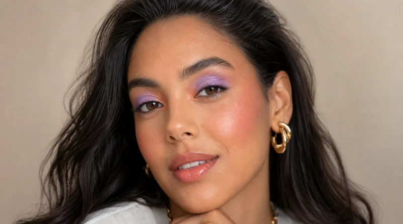maquiagem colorida com sombra lilás, blush rosado e pele iluminada