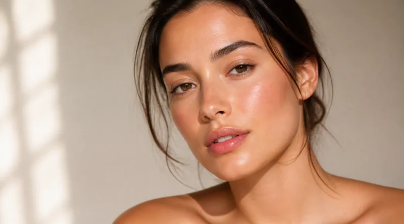 maquiagem com skincare com pele leve, blush cremoso e lábios hidratados