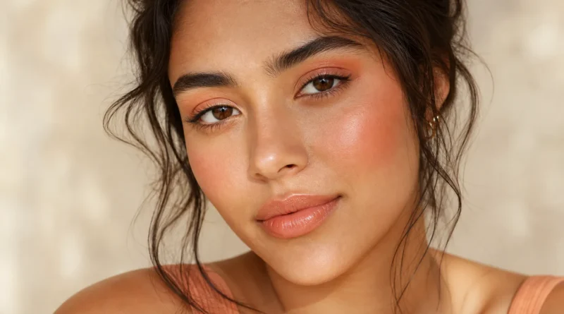 maquiagem pêssego monocromática com blush cremoso, sombra suave e lábios glossy