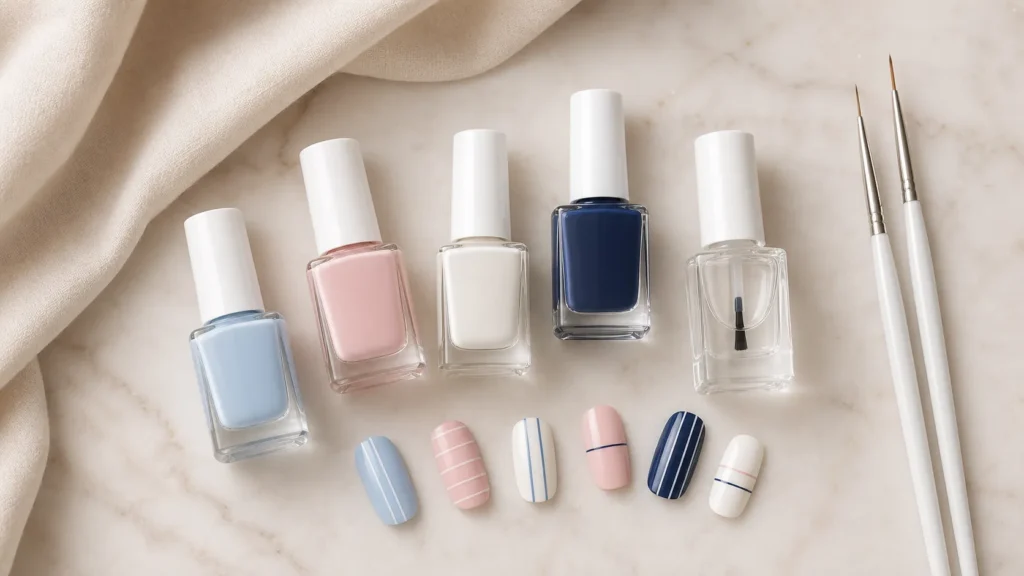 Unhas listradas delicadas: como usar a tendência preppy de um jeito elegante materiais para fazer unhas listradas delicadas, com esmaltes sem marca, pincéis finos e unhas de treino