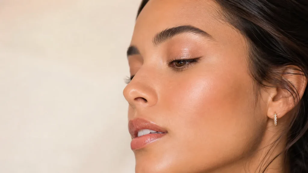 microdelineado marrom com sombra glossy champanhe e pele iluminada