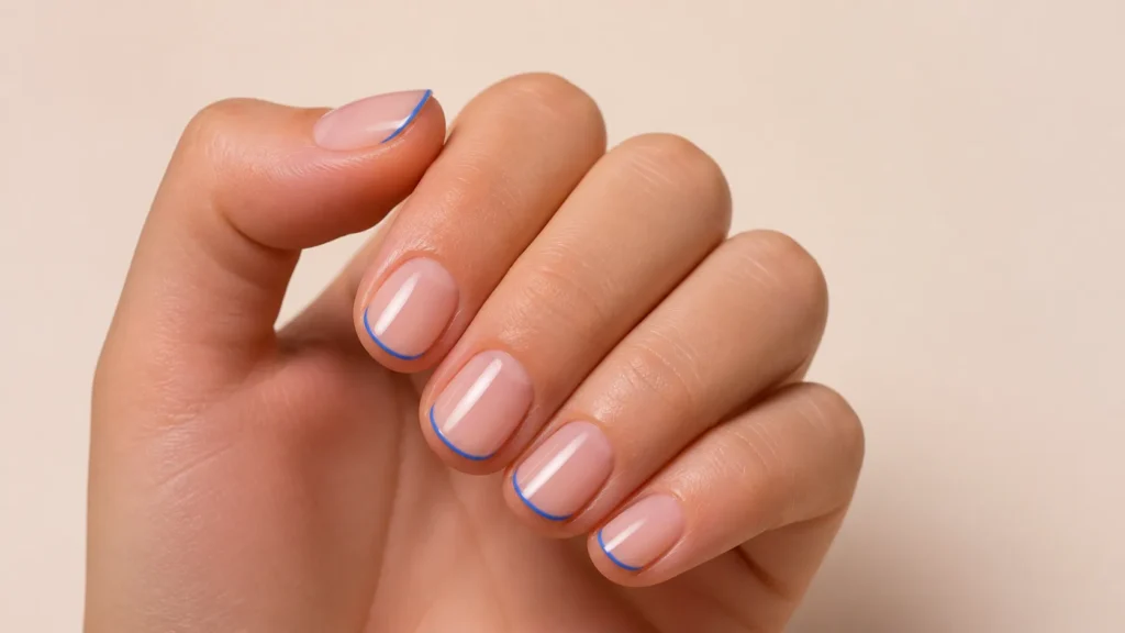 microfrancesinha azul-cobalto sobre unhas curtas com base rosada translúcida