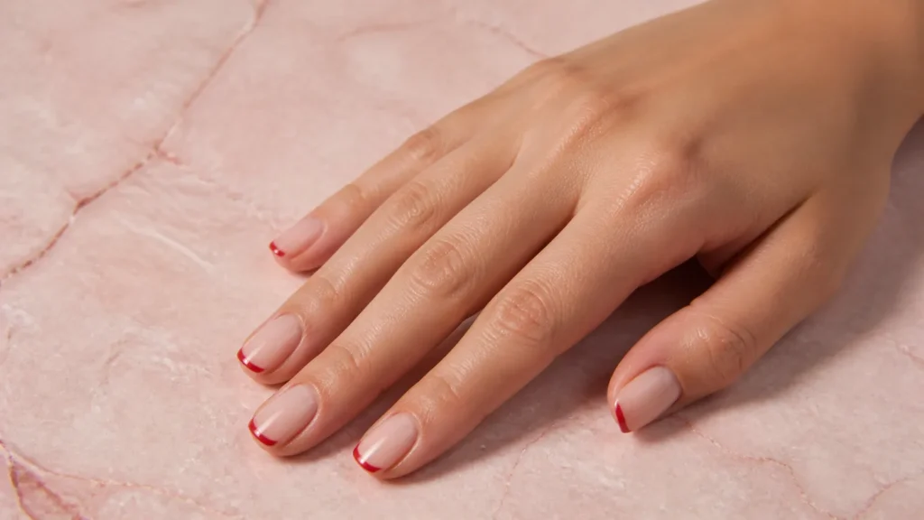 microfrancesinha vermelho-cereja sobre unhas nude