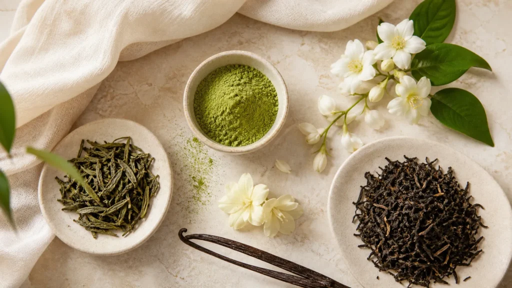 Perfumes com cheiro de chá: por que essa nota fresca está conquistando espaço notas de chá na perfumaria com chá-verde, chá-preto, matcha, jasmim e baunilha
