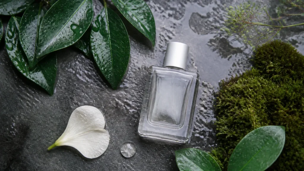 perfume com notas verdes, flor clara e pedras úmidas que evocam cheiro de chuva