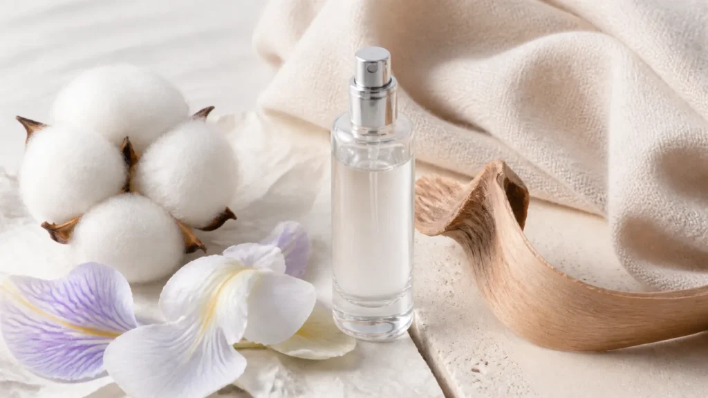 ingredientes que remetem a perfume com cheiro de pele, com algodão, íris, madeira clara e frasco sem marca