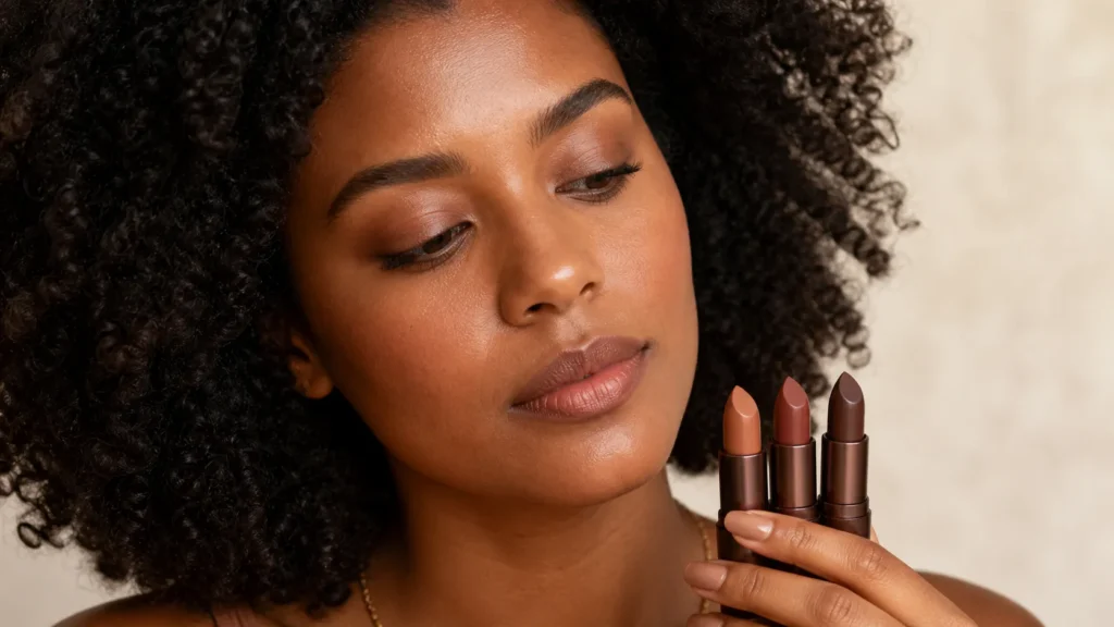 Batom para pele negra: cores e acabamentos para escolher o seu mulher negra comparando tons de batom nude caramelo, marrom rosado e chocolate