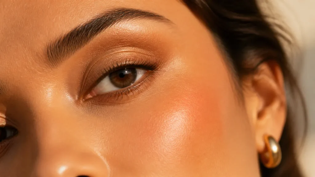 olhos com sombra dourado-marrom suave e pele com brilho natural