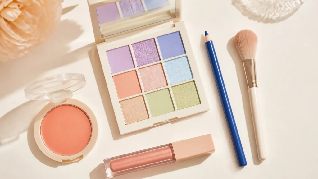 paleta de maquiagem colorida com sombras lilás azul pêssego e verde suave
