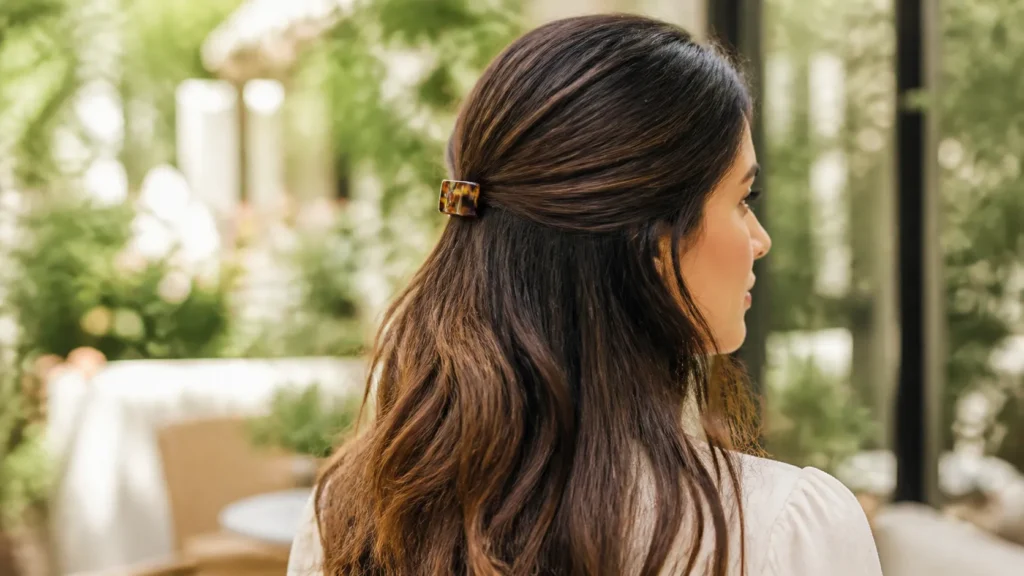 penteado meio preso em cabelo ondulado com presilha tartaruga pequena