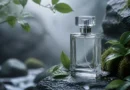 frasco de perfume sem marca entre pedras úmidas, folhas verdes e gotas de chuva