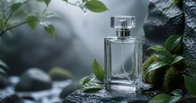 frasco de perfume sem marca entre pedras úmidas, folhas verdes e gotas de chuva