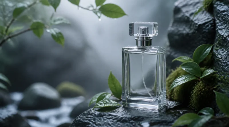 frasco de perfume sem marca entre pedras úmidas, folhas verdes e gotas de chuva