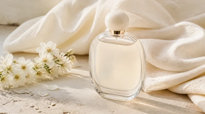 frasco de perfume elegante sobre tecido claro com flores brancas e luz suave