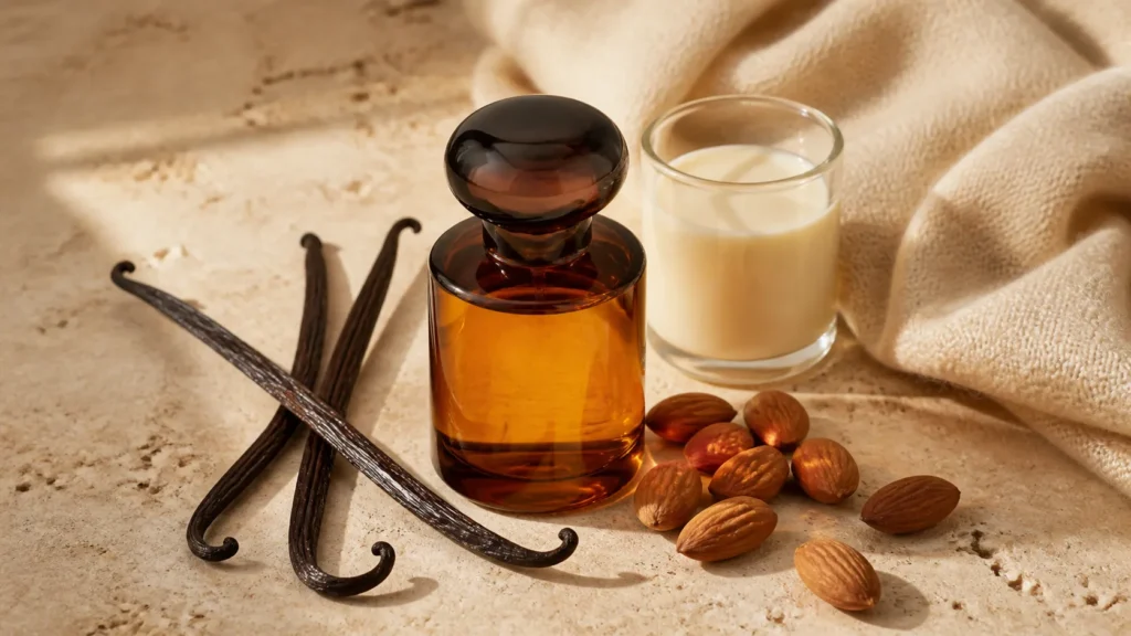 e gourmand com notas de baunilha, amêndoa e acorde cremoso