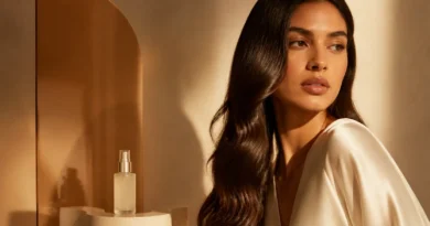perfume para cabelo em frasco elegante ao lado de fios com brilho natural