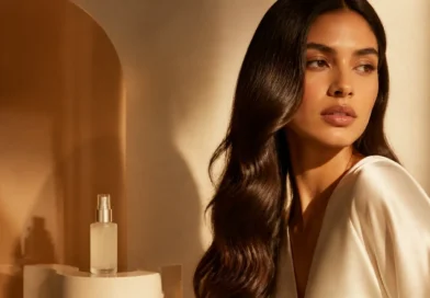 perfume para cabelo em frasco elegante ao lado de fios com brilho natural