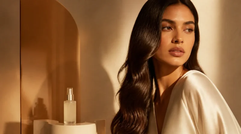 perfume para cabelo em frasco elegante ao lado de fios com brilho natural