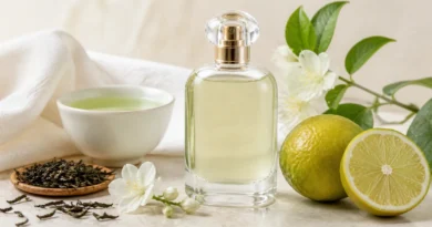 frasco de perfume sem marca ao lado de chá verde, folhas e flores claras em composição elegante
