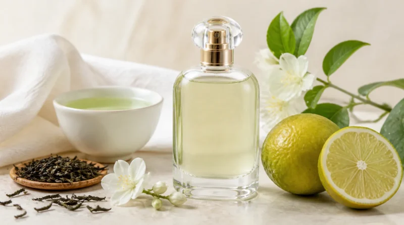 frasco de perfume sem marca ao lado de chá verde, folhas e flores claras em composição elegante