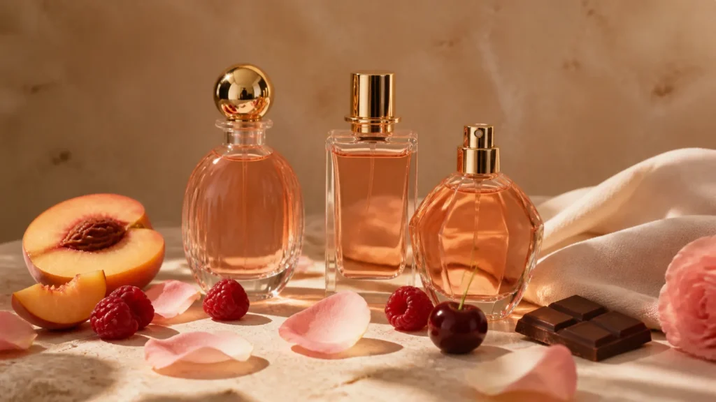 perfumes gourmands frutados com pêssego, framboesa, cereja e chocolate