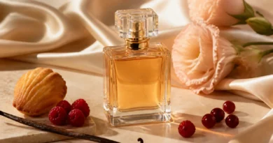 frasco de perfume gourmand com baunilha, frutas vermelhas e flores em composição editorial