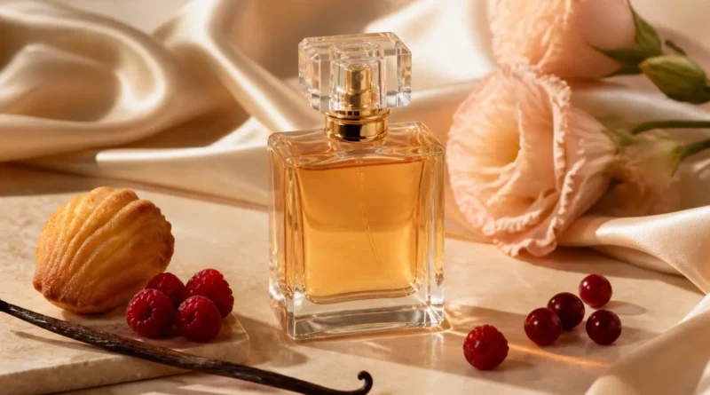 frasco de perfume gourmand com baunilha, frutas vermelhas e flores em composição editorial