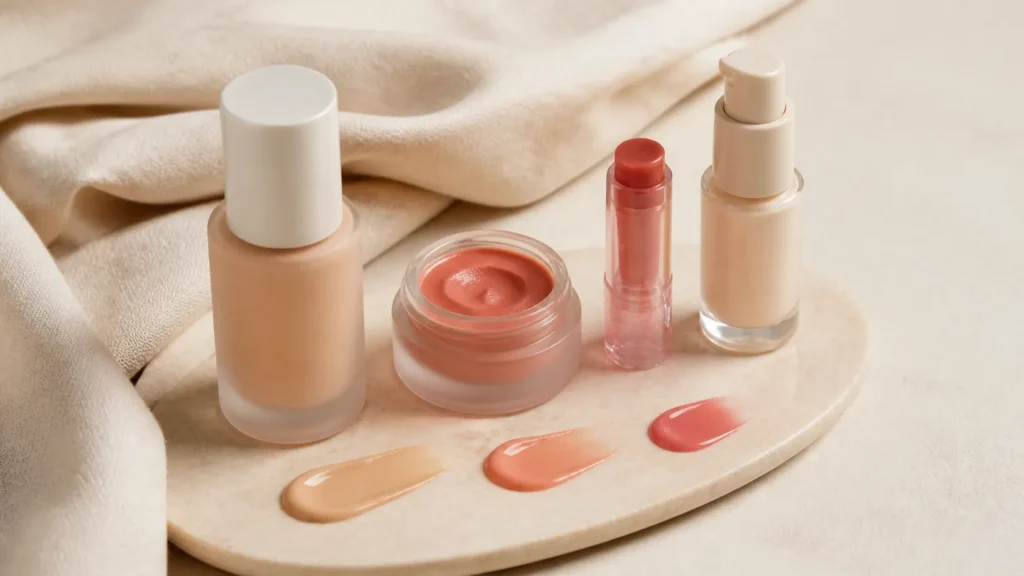 produtos híbridos de maquiagem e skincare com base leve, blush cremoso e balm labial
