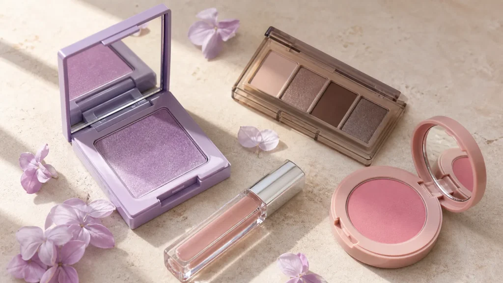 produtos para maquiagem lilás com sombra, blush, gloss e tons neutros