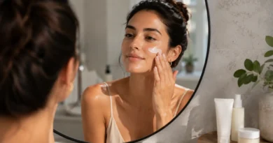 Mulher aplicando protetor solar facial toque seco antes da maquiagem