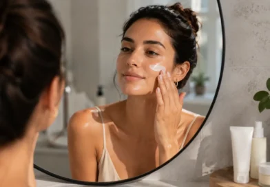 Mulher aplicando protetor solar facial toque seco antes da maquiagem