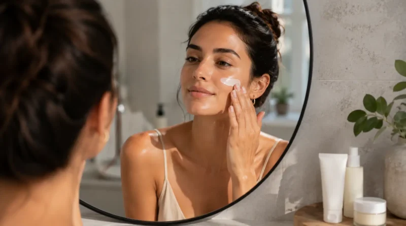 Mulher aplicando protetor solar facial toque seco antes da maquiagem