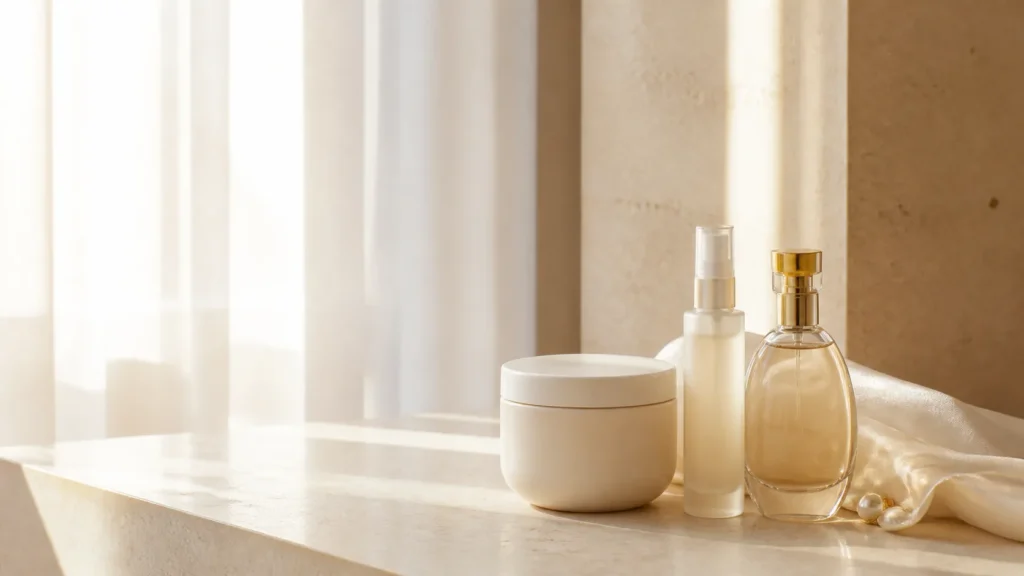 rotina de layering de perfume com hidratante, body mist e perfume sem marca sobre bancada clara