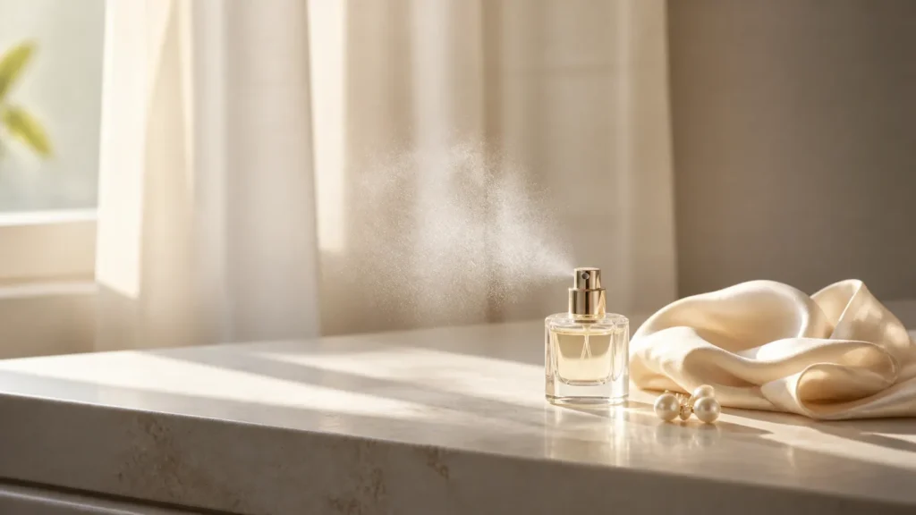 ritual de perfume leve com frasco sem marca, lenço de seda e pérolas sobre bancada clara