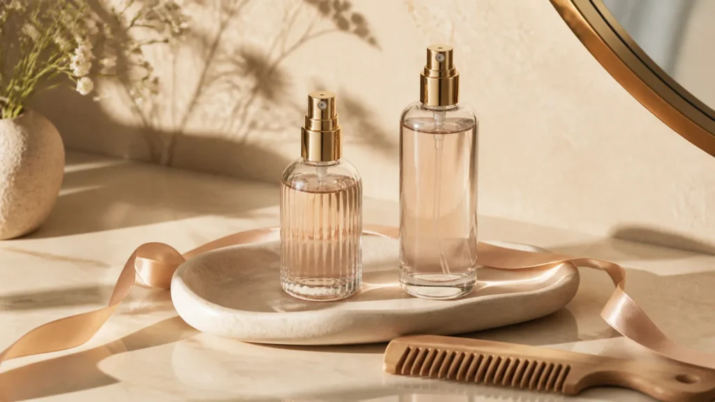 ritual de perfumação com hair mist e body mist em bancada clara